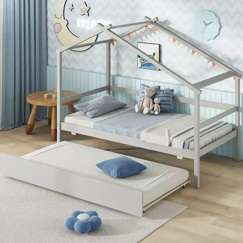 Letto a castello con rotelle e tetto con sponde e ringhiere Letto a piattaforma in legno