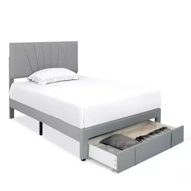 Letto matrimoniale imbottito con cassetto e testiera regolabile grigio