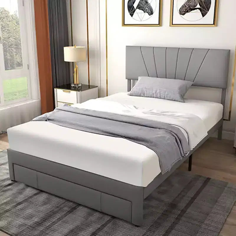 Letto matrimoniale imbottito con cassetto e testiera regolabile grigio