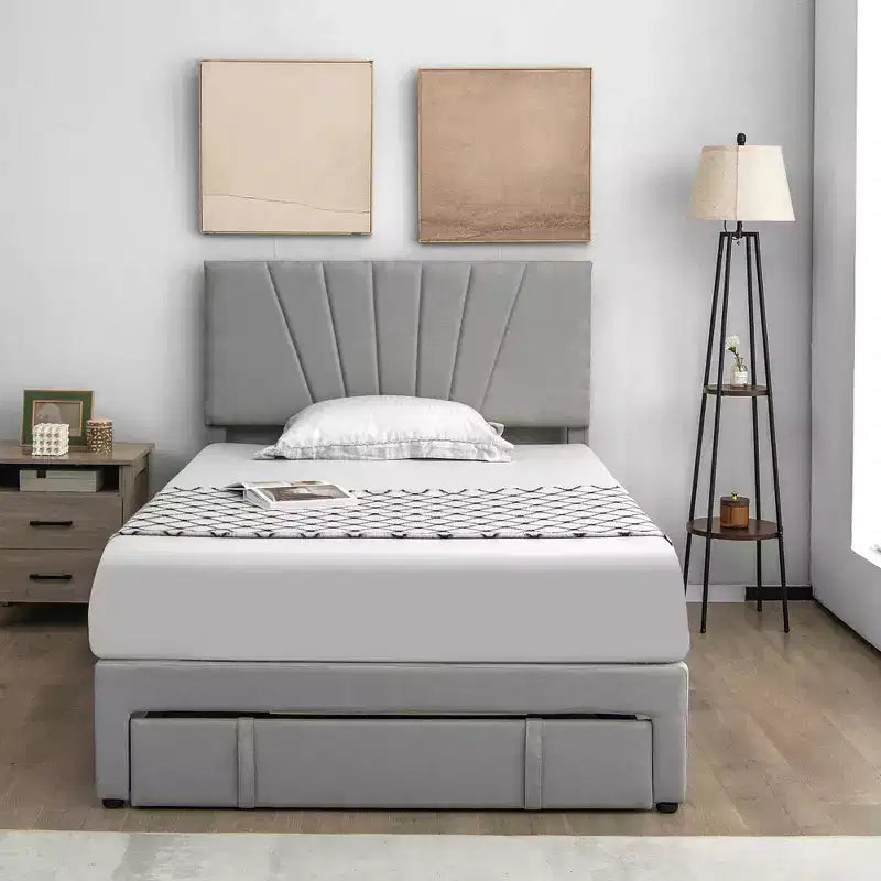 Letto matrimoniale imbottito con cassetto e testiera regolabile grigio