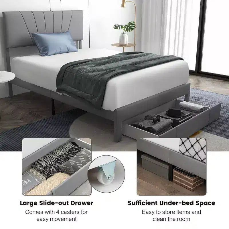 Letto matrimoniale imbottito con cassetto e testiera regolabile grigio