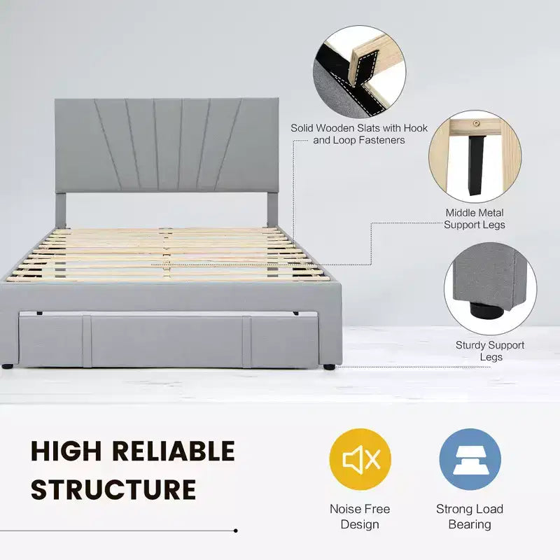 Letto matrimoniale imbottito con cassetto e testiera regolabile grigio