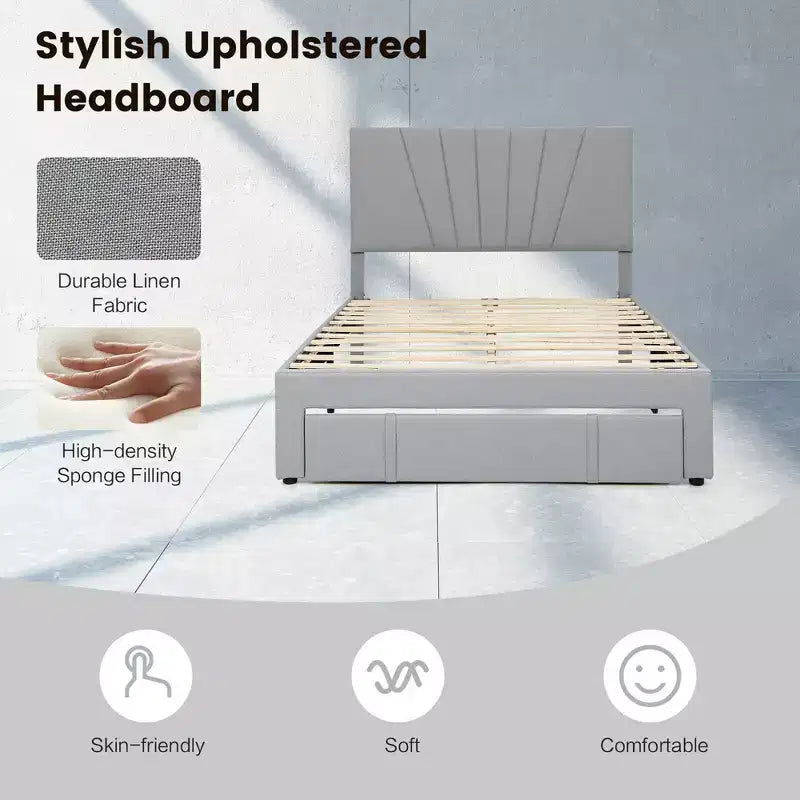 Letto matrimoniale imbottito con cassetto e testiera regolabile grigio
