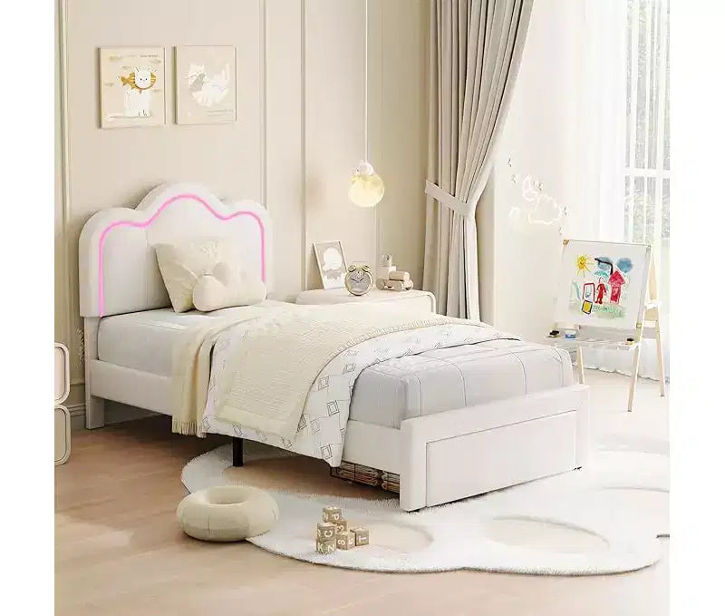 Telaio letto singolo imbottito con testiera regolabile, telaio letto a piattaforma in velluto Princess per bambini/ragazze, supporto con doghe in legno, facile montaggio