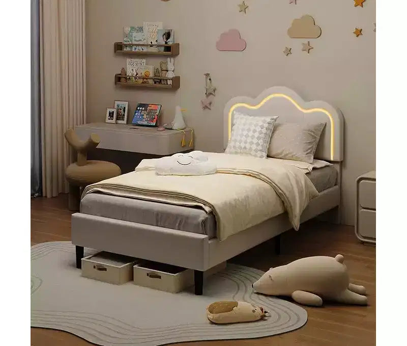 Telaio letto singolo imbottito con testiera regolabile, telaio letto a piattaforma in velluto Princess per bambini/ragazze, supporto con doghe in legno, facile montaggio