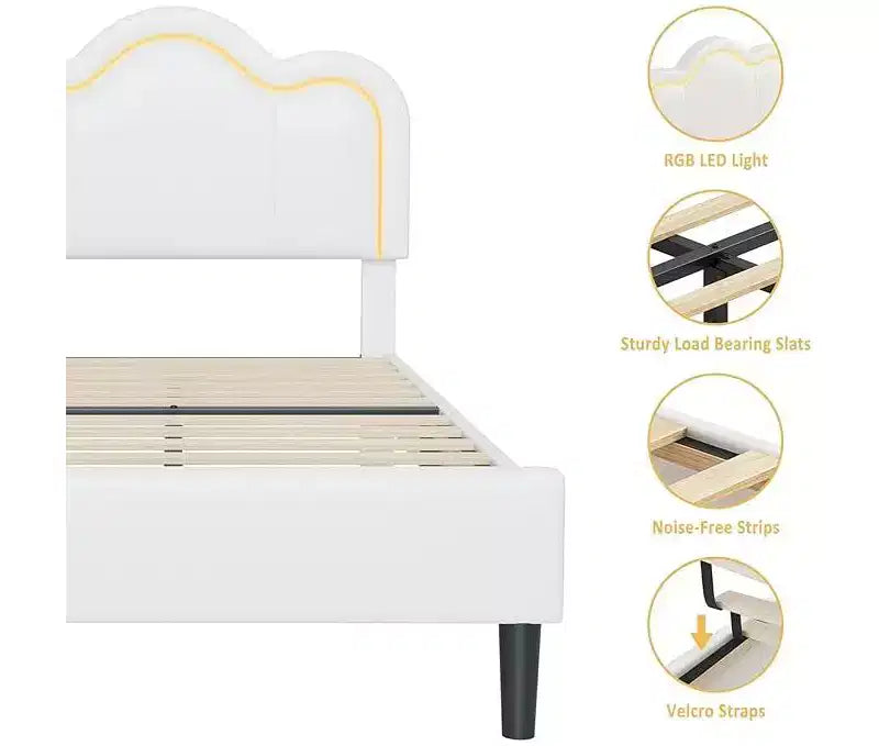 Telaio letto singolo imbottito con testiera regolabile, telaio letto a piattaforma in velluto Princess per bambini/ragazze, supporto con doghe in legno, facile montaggio