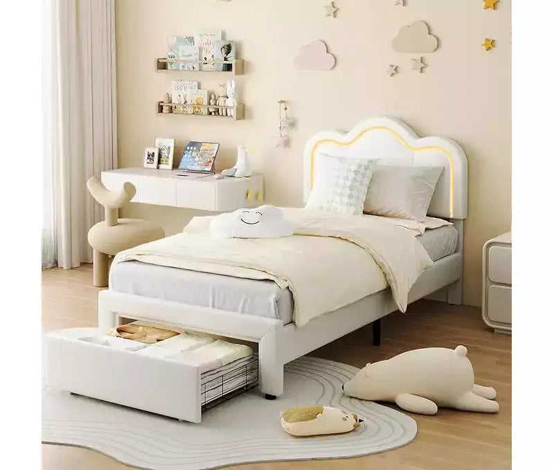 Telaio letto singolo imbottito con testiera regolabile, telaio letto a piattaforma in velluto Princess per bambini/ragazze, supporto con doghe in legno, facile montaggio