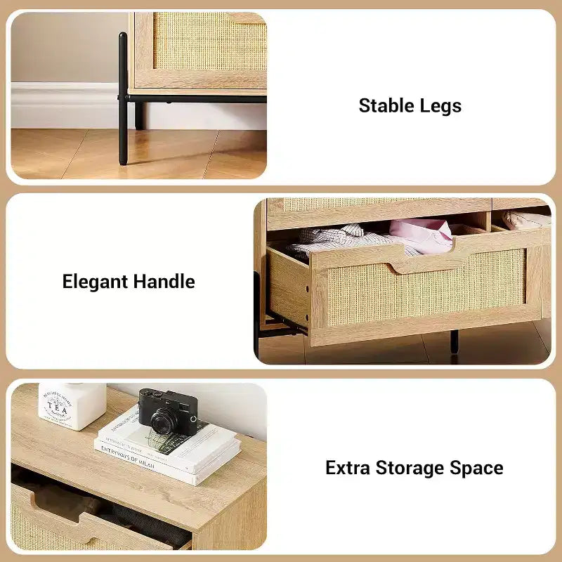 Comò a 6 cassetti in rattan, cassettiera scanalata con gambe stabili, mobile contenitore anti-ribaltamento per camera da letto