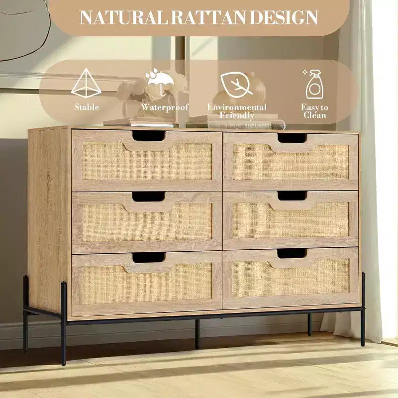 Comò a 6 cassetti in rattan, cassettiera scanalata con gambe stabili, mobile contenitore anti-ribaltamento per camera da letto
