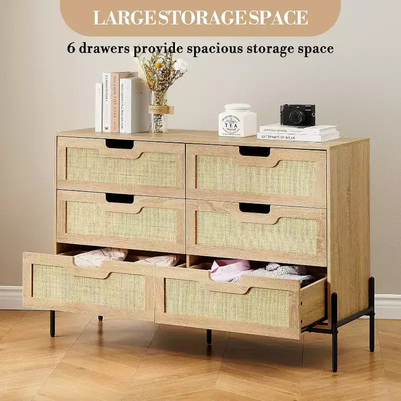 Comò a 6 cassetti in rattan, cassettiera scanalata con gambe stabili, mobile contenitore anti-ribaltamento per camera da letto