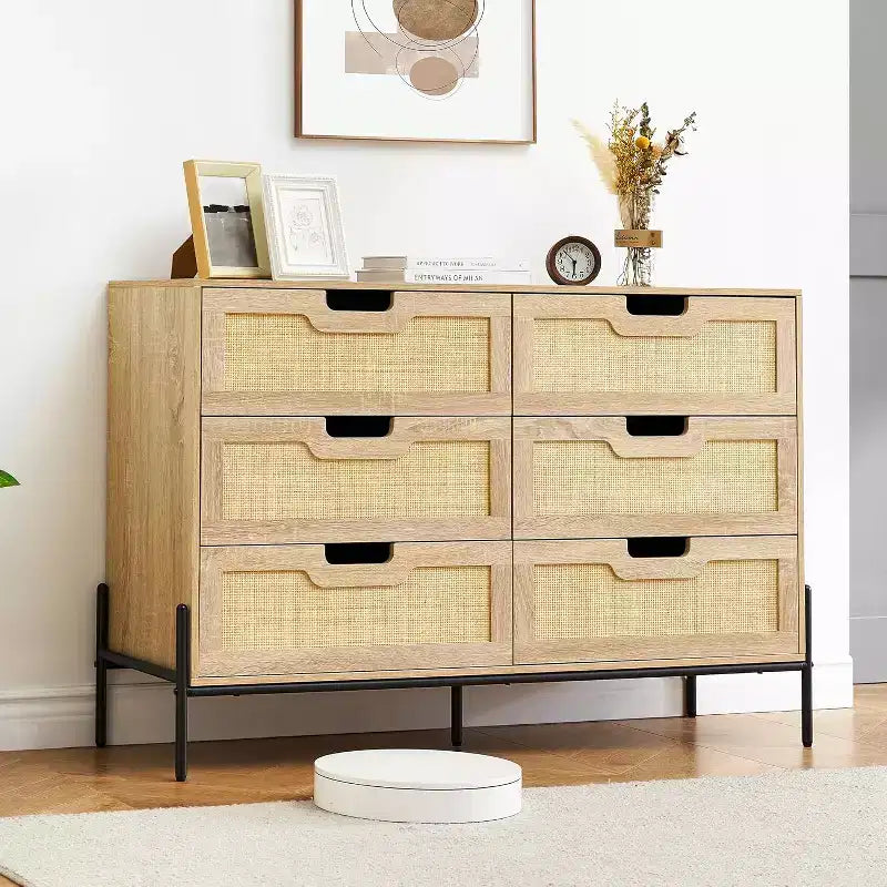 Comò a 6 cassetti in rattan, cassettiera scanalata con gambe stabili, mobile contenitore anti-ribaltamento per camera da letto