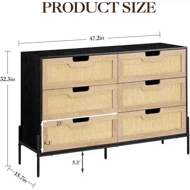 Comò a 6 cassetti in rattan, cassettiera scanalata con gambe stabili, mobile contenitore anti-ribaltamento per camera da letto