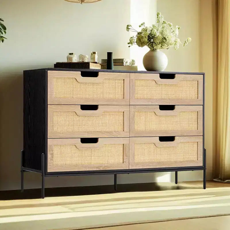 6 Drawer Rattan Dresser, Fluted Chest with Stable Legs, Anti-Tipping Storage Cabinet for Bedroom