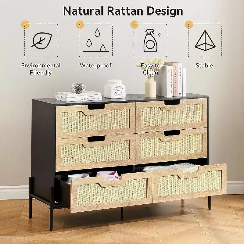 6 Drawer Rattan Dresser, Fluted Chest with Stable Legs, Anti-Tipping Storage Cabinet for Bedroom