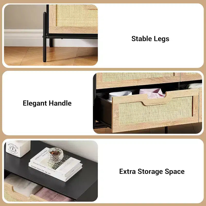 6 Drawer Rattan Dresser, Fluted Chest with Stable Legs, Anti-Tipping Storage Cabinet for Bedroom