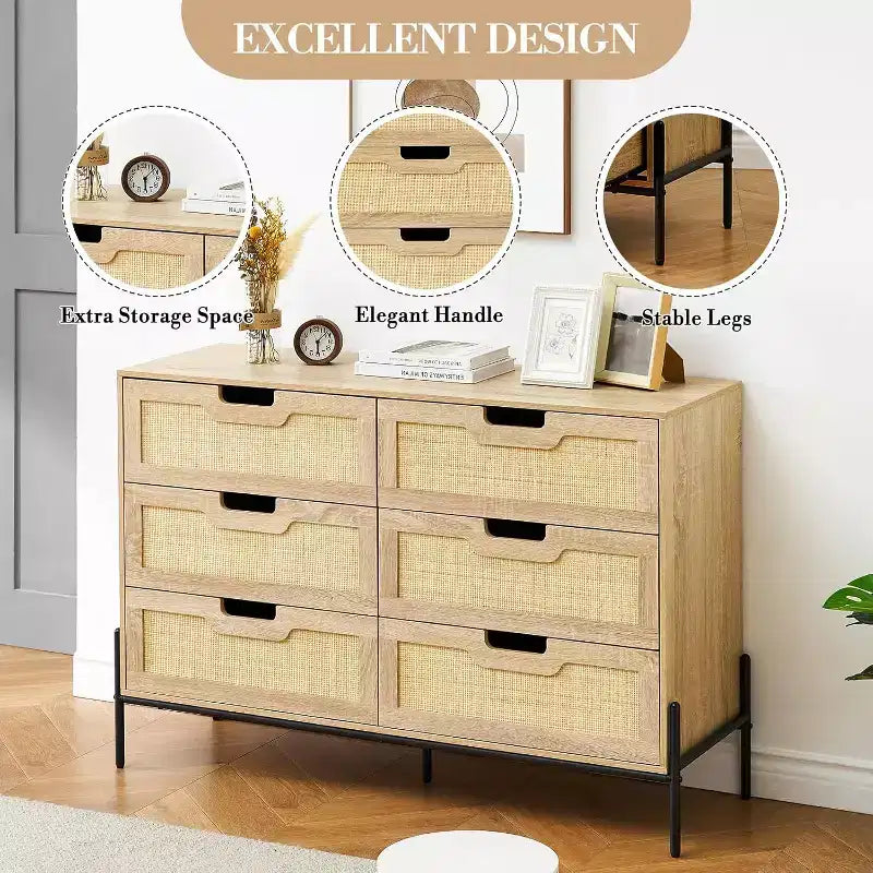 Comò a 6 cassetti in rattan, cassettiera scanalata con gambe stabili, mobile contenitore anti-ribaltamento per camera da letto