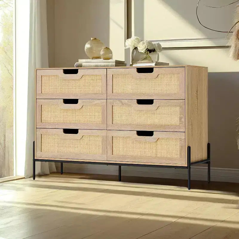 6 Drawer Rattan Dresser, Fluted Chest with Stable Legs, Anti-Tipping Storage Cabinet for Bedroom