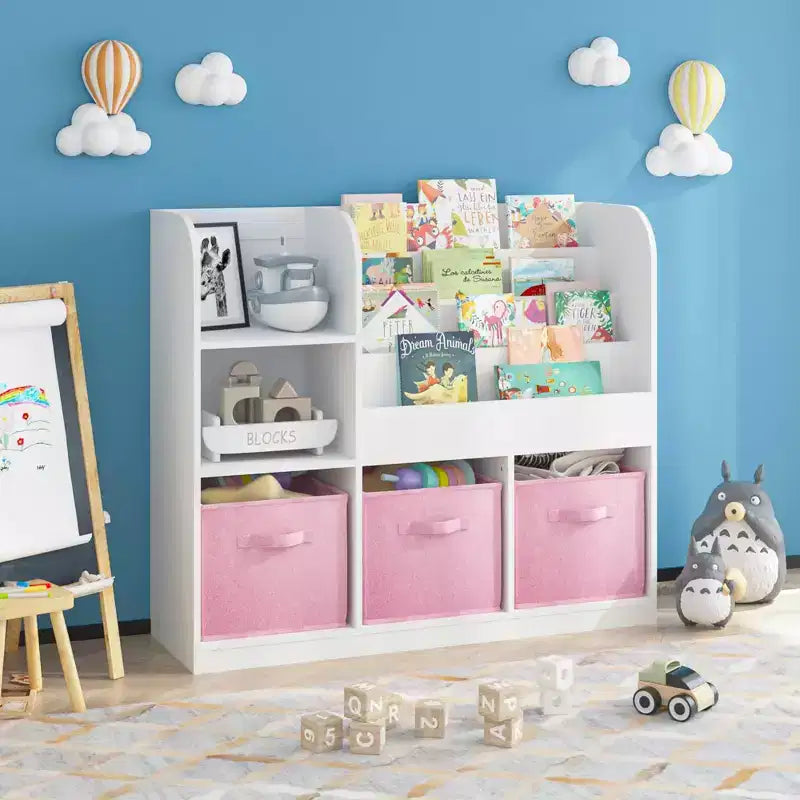 Libreria, scaffale multifunzionale con 3 cassetti pieghevoli in tessuto, espositore per cameretta e sala giochi, bianco rosa