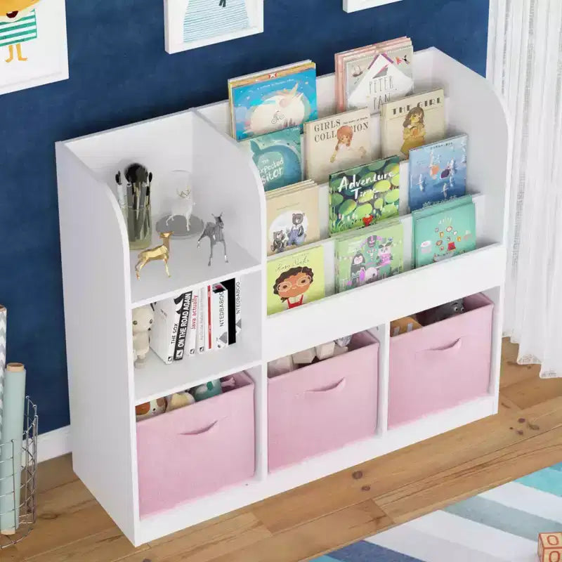 Libreria, scaffale multifunzionale con 3 cassetti pieghevoli in tessuto, espositore per cameretta e sala giochi, bianco rosa