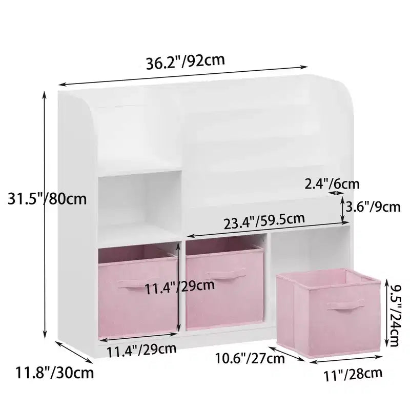 Libreria, scaffale multifunzionale con 3 cassetti pieghevoli in tessuto, espositore per cameretta e sala giochi, bianco rosa