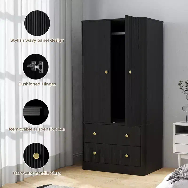 Armadio Guardaroba 2 Ante 2 Cassetti Elegante in Legno Autoportante Mobile Contenitore per Camera da Letto Soggiorno Ufficio