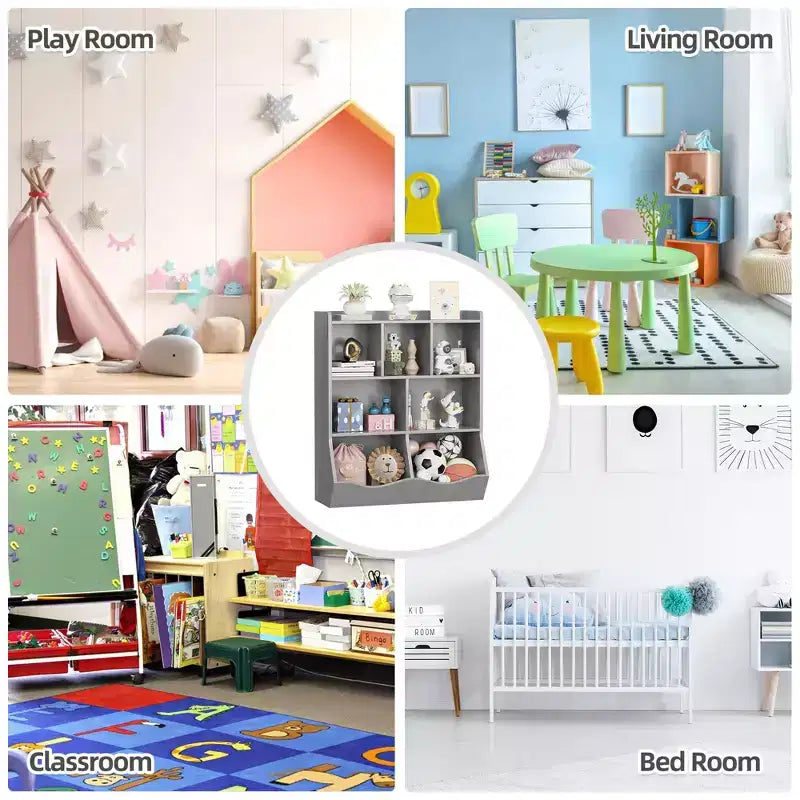 Libreria per bambini a tre livelli con mobiletto contenitore per giocattoli, cubo portaoggetti per bambini