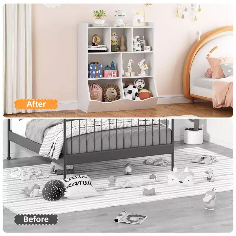 Libreria per bambini a tre livelli con mobiletto contenitore per giocattoli, cubo portaoggetti per bambini