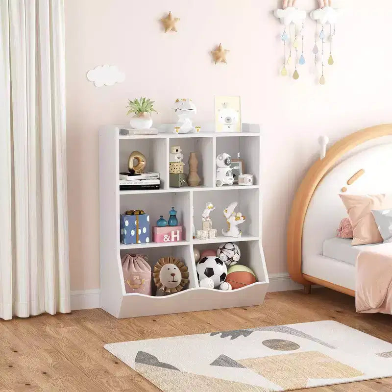Libreria per bambini a tre livelli con mobiletto contenitore per giocattoli, cubo portaoggetti per bambini