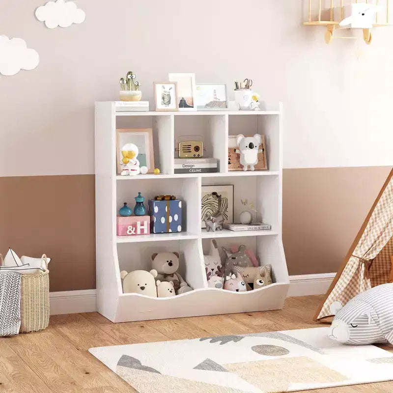 Libreria per bambini a tre livelli con mobiletto contenitore per giocattoli, cubo portaoggetti per bambini