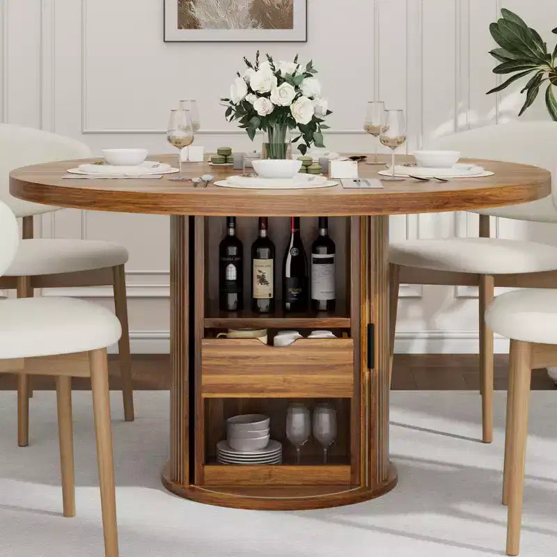 Tavolo da pranzo rotondo da 47 pollici per 4 persone, tavolo da cucina con ripiano portaoggetti a 2 livelli e cassetto, tavolo da pranzo circolare in stile rustico (solo tavolo)