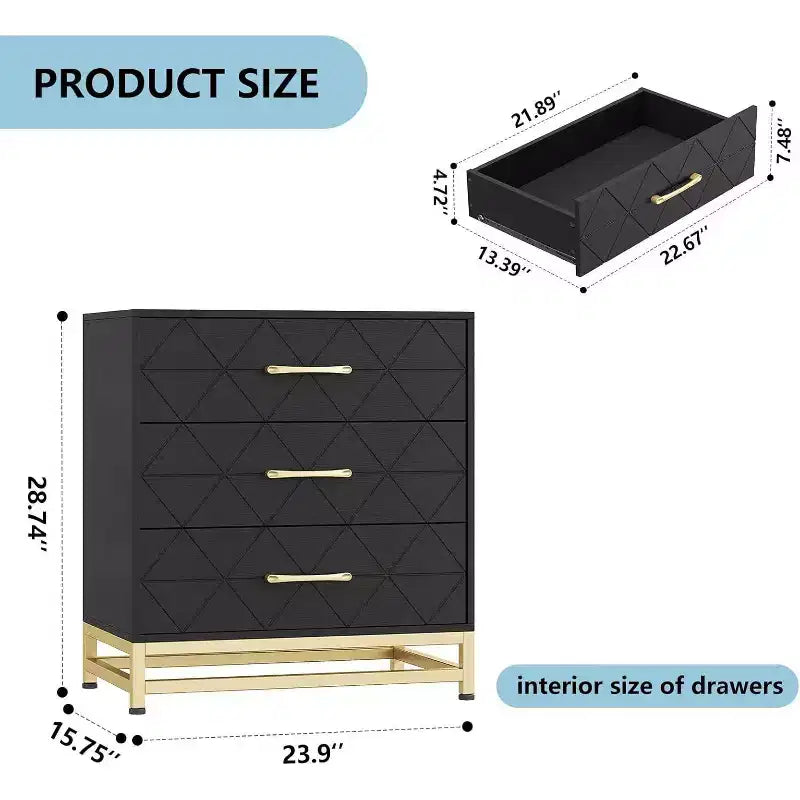 Cassettiera in legno a 3 cassetti, comò moderno con maniglie in metallo, organizer per camera da letto e soggiorno