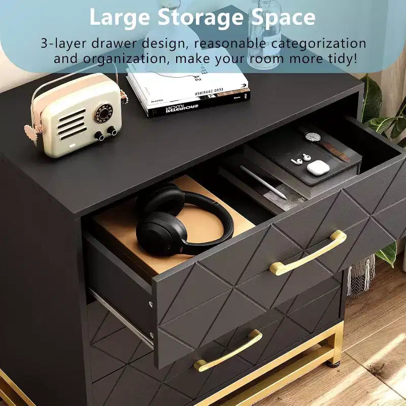 Cassettiera in legno a 3 cassetti, comò moderno con maniglie in metallo, organizer per camera da letto e soggiorno