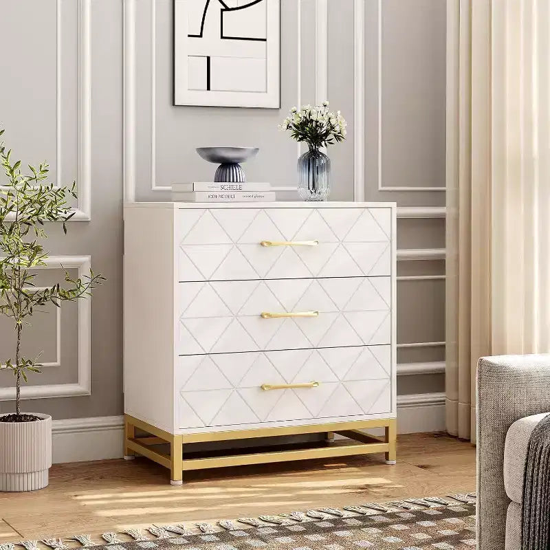 3 Drawer Wooden Dresser, Modern Chest of Drawers with Metal Handles, Storage Organizer for Bedroom and Living Room