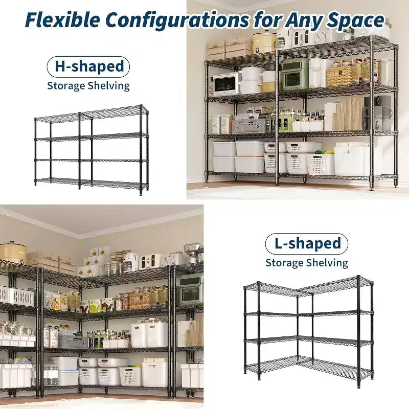 Scaffale a 5 ripiani in filo metallico resistente, regolabile a forma di L con piedini di livellamento, capacità di 601 kg per garage, dispensa e cucina