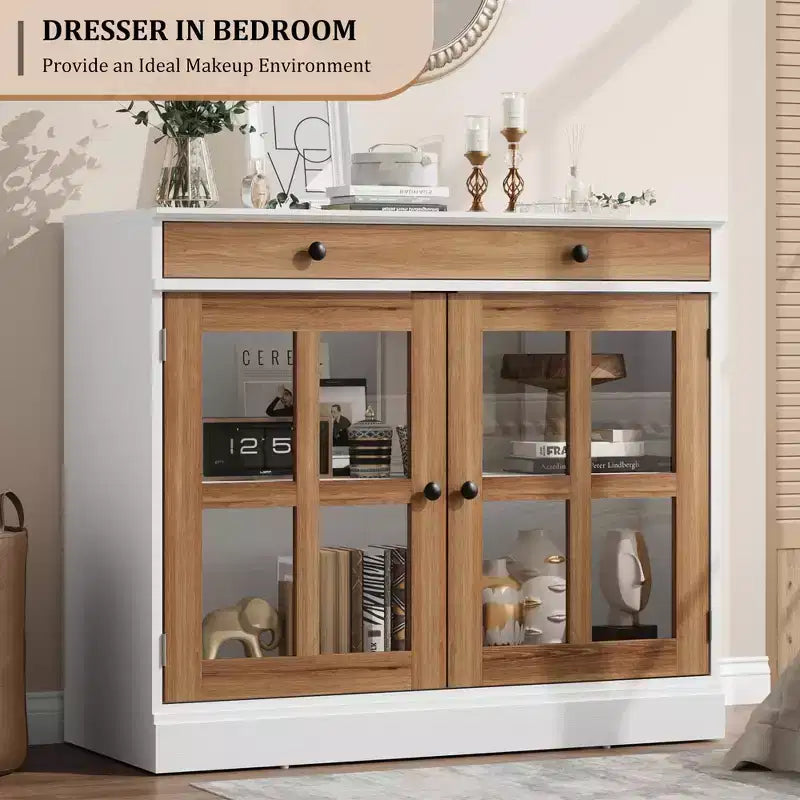 Madia da 89.9 cm, con Ante in Vetro, Mobile Contenitore con Cassetti, Credenza Bianca e Marrone, Buffet e Madie Moderne