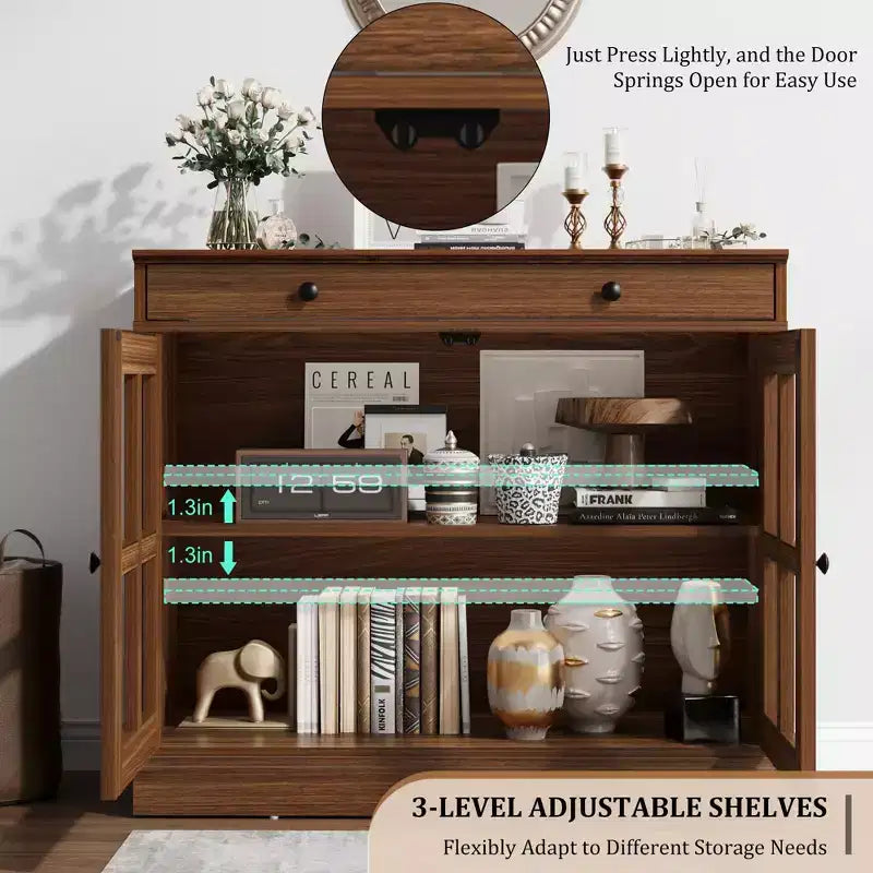 Madia da 89.9 cm, con Ante in Vetro, Mobile Contenitore con Cassetti, Credenza Bianca e Marrone, Buffet e Madie Moderne