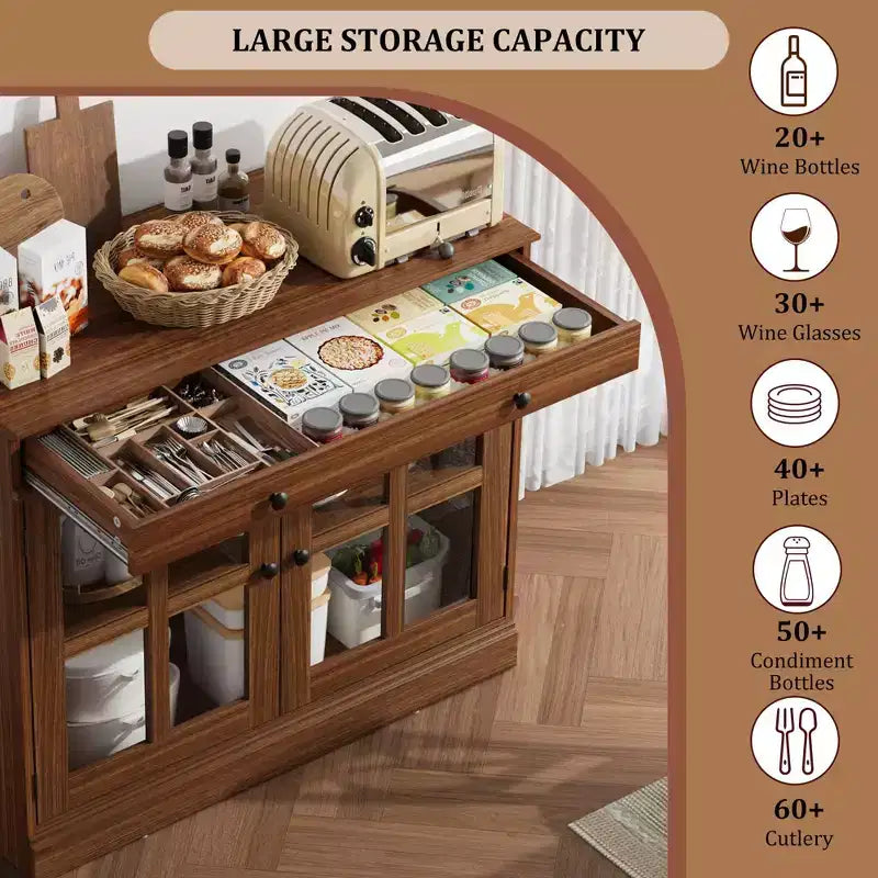 Madia da 89.9 cm, con Ante in Vetro, Mobile Contenitore con Cassetti, Credenza Bianca e Marrone, Buffet e Madie Moderne