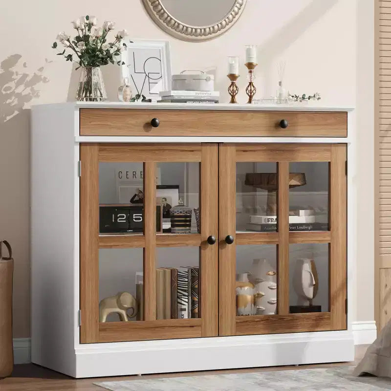 Madia da 89.9 cm, con Ante in Vetro, Mobile Contenitore con Cassetti, Credenza Bianca e Marrone, Buffet e Madie Moderne