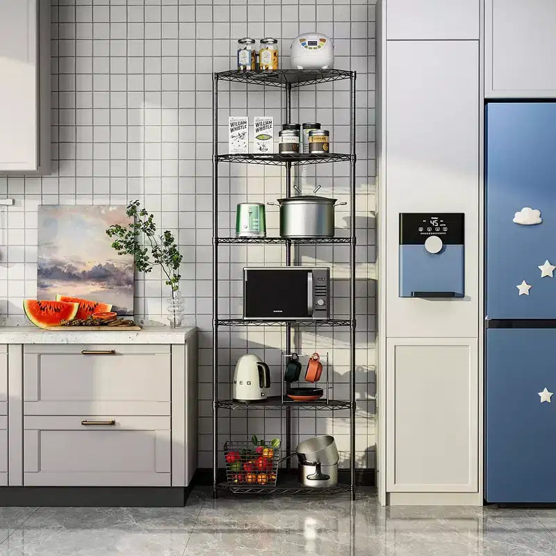 Scaffale angolare a 6 ripiani in metallo nero, da 183 cm di altezza, con ripiani pentagonali regolabili per bagno, soggiorno e cucina