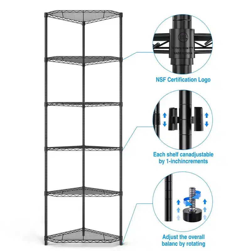 Scaffale angolare a 6 ripiani in metallo nero, da 183 cm di altezza, con ripiani pentagonali regolabili per bagno, soggiorno e cucina