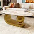 Tavolino da caffè ovale Mid-Century ModernPiano in pietra sinterizzata effetto marmo, base in acciaio inossidabile dorato, tavolino centrale per soggiorno