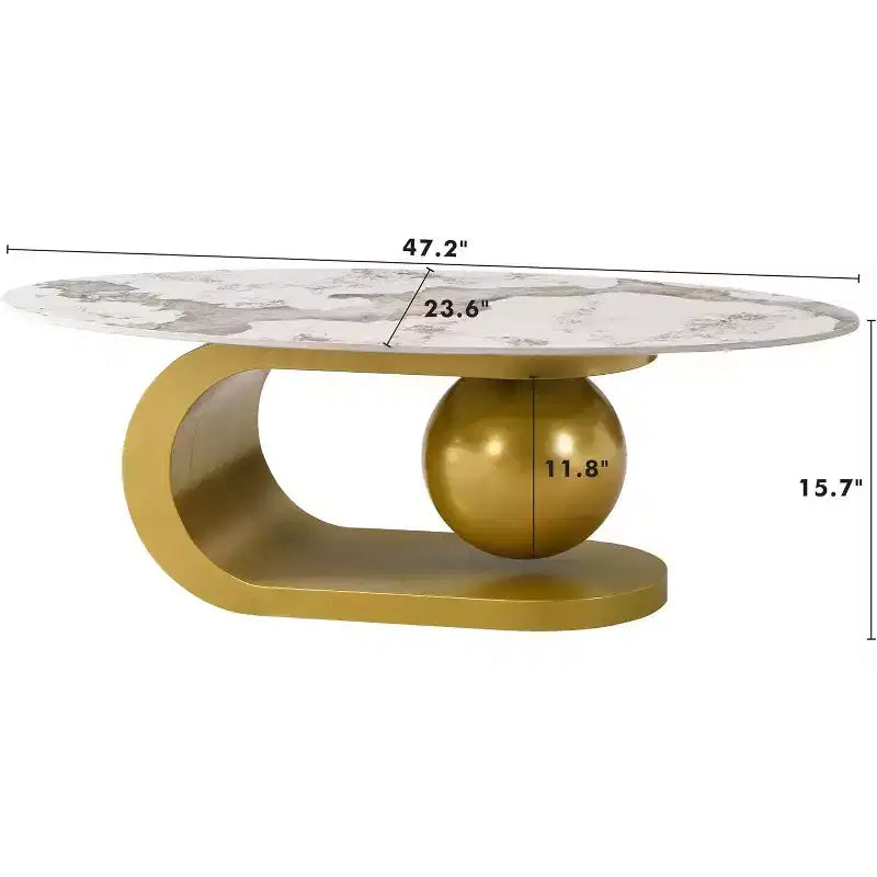 Tavolino da caffè ovale Mid-Century ModernPiano in pietra sinterizzata effetto marmo, base in acciaio inossidabile dorato, tavolino centrale per soggiorno