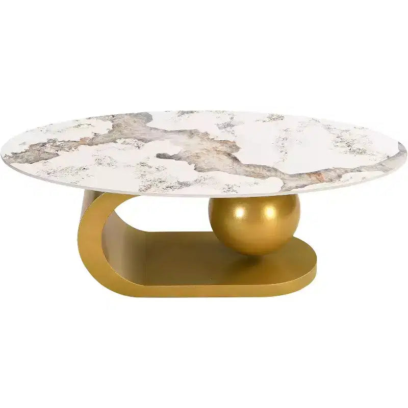 Tavolino da caffè ovale Mid-Century ModernPiano in pietra sinterizzata effetto marmo, base in acciaio inossidabile dorato, tavolino centrale per soggiorno