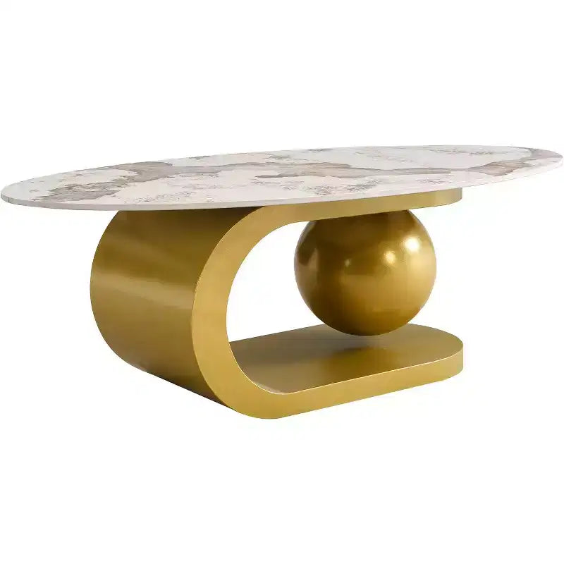 Tavolino da caffè ovale Mid-Century ModernPiano in pietra sinterizzata effetto marmo, base in acciaio inossidabile dorato, tavolino centrale per soggiorno