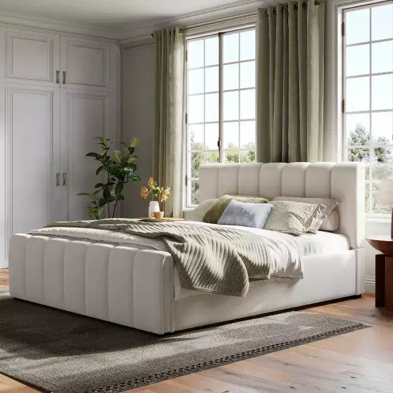 Struttura letto in lino moderno Emi con testiera spessa e gambe in legno di hevea