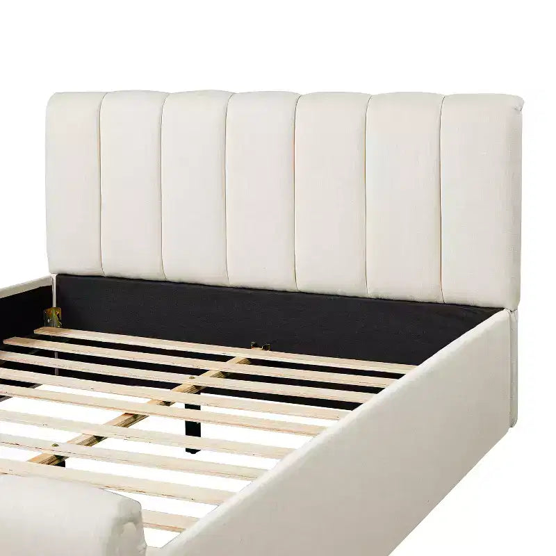 Struttura letto in lino moderno Emi con testiera spessa e gambe in legno di hevea