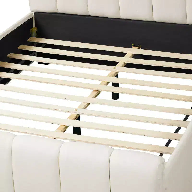 Struttura letto in lino moderno Emi con testiera spessa e gambe in legno di hevea