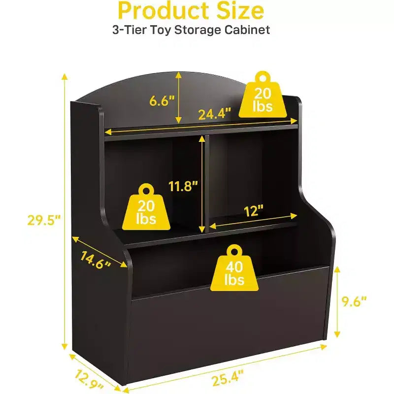 Mobiletto porta giocattoli e libreria a 3 ripiani con cubi, organizer multi-ripiano per sala giochi, camera da letto, corridoio, asilo, marrone scuro