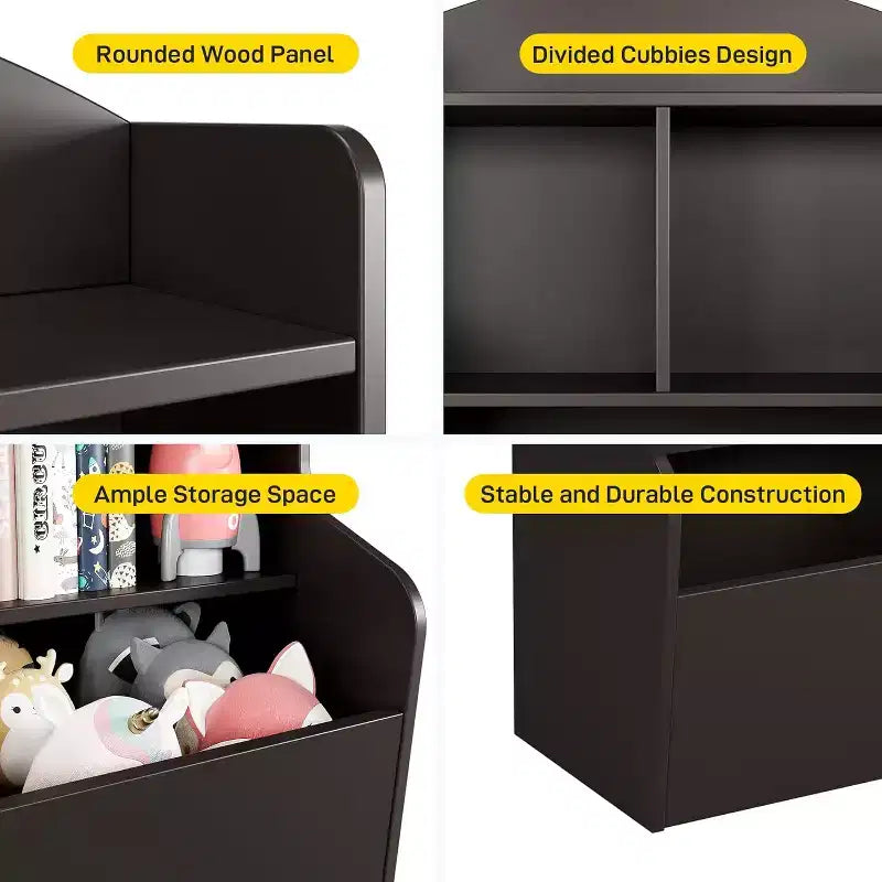 Mobiletto porta giocattoli e libreria a 3 ripiani con cubi, organizer multi-ripiano per sala giochi, camera da letto, corridoio, asilo, marrone scuro