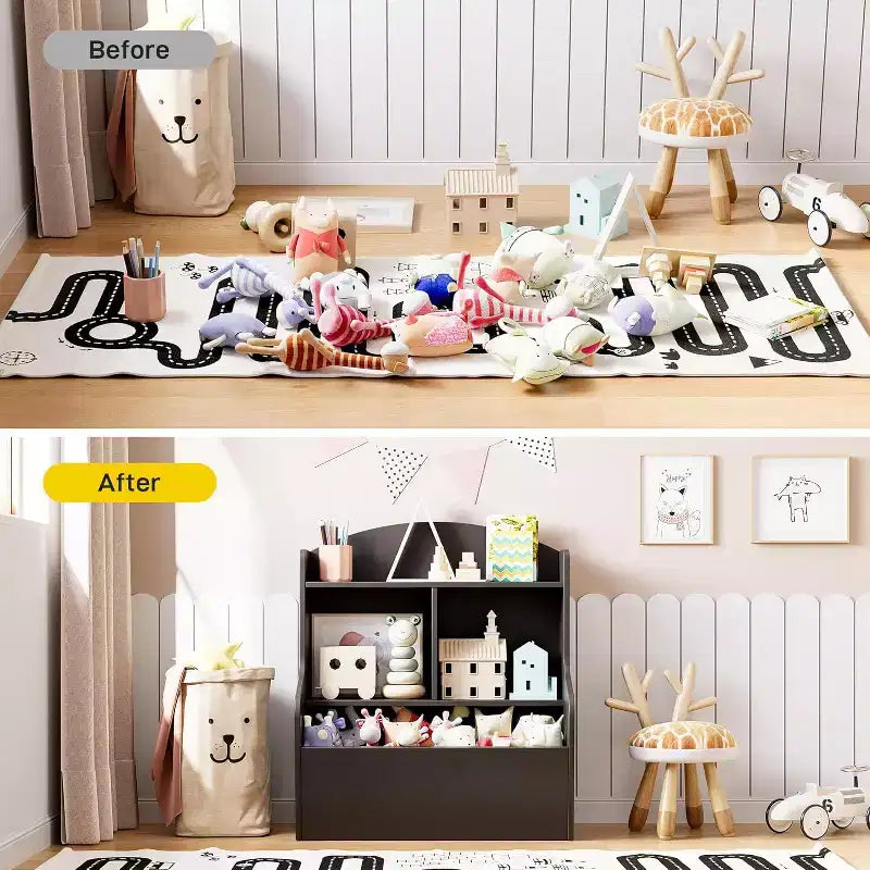 Mobiletto porta giocattoli e libreria a 3 ripiani con cubi, organizer multi-ripiano per sala giochi, camera da letto, corridoio, asilo, marrone scuro